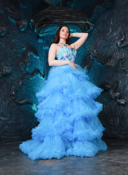 Mujer joven retrato de noche azul vestido largo en el fondo del estudio
 - Foto, Imagen