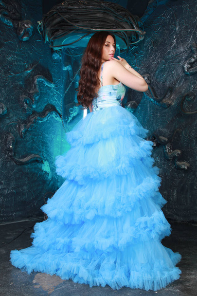 Portrait de jeune femme en robe longue bleue de soirée sur fond de studio
 - Photo, image