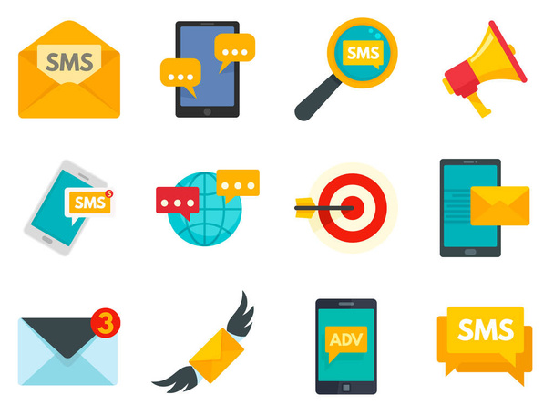 Nastavení marketingových ikon serveru SMS, plochý styl - Vektor, obrázek