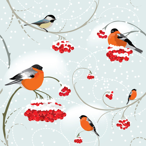 Seamless winter background with bullfinch - Vector, Imagen