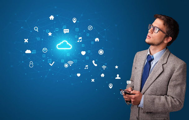 Person using phone with cloud technology concept - Foto, Imagem