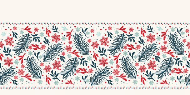 Hand drawn abstract Christmas foliage pattern. Tossed fir tree branch, leaves, berries background. Winter holiday all over print. Festive gift wrapping paper illustration. Seamless vector swatch. - Vector, Image