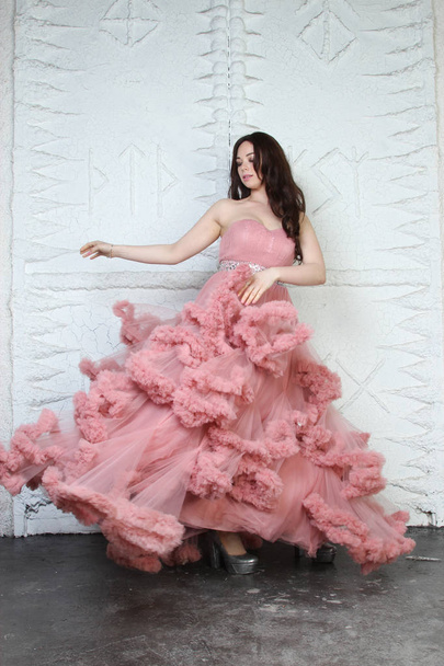 Muotokuva muodikas nuori kaunotar tyttö iso pitkä ilta vaaleanpunainen mekko
 - Valokuva, kuva