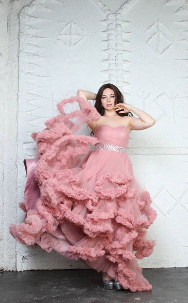 Retrato de menina de beleza jovem na moda em grande vestido rosa de tarde longa
 - Foto, Imagem