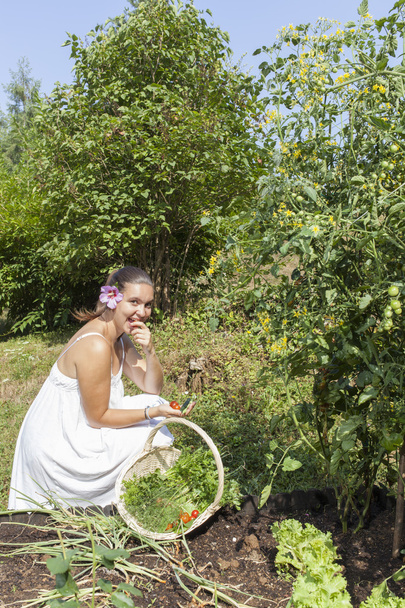 Linda mujer joven en su jardín orgánico
 - Foto, imagen