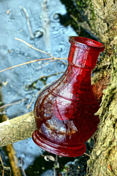 Ένα κόκκινο μπουκάλι με νερό φορτωμένο στο νερό κοντά στην ακτή - Φωτογραφία, εικόνα