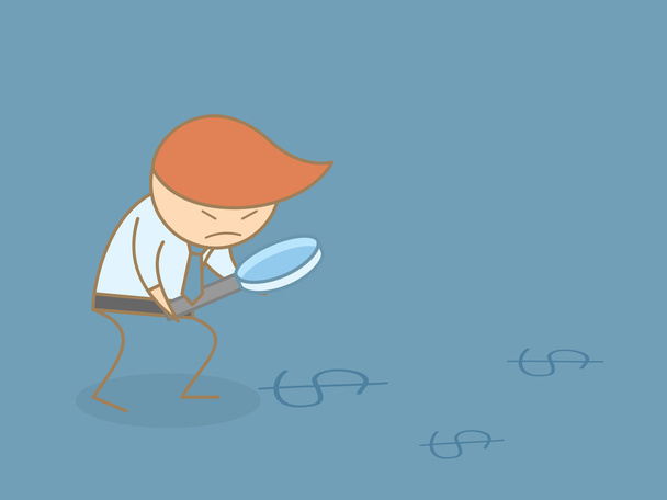 Business man searching for money with magnifier - Vector, Image