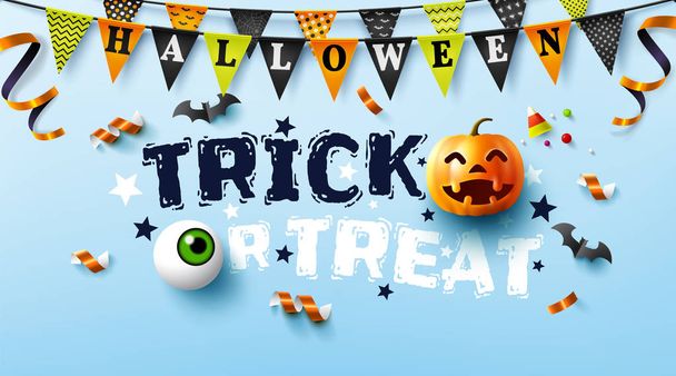 Halloween plakat z tekstem "Trick or Treat" przerażające balony powietrzne i elementy Halloween - Wektor, obraz