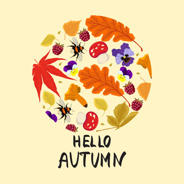 Осенний отпечаток листьев, грибов, ягод, шмелей внутри круга. Векторная графика
. - Вектор,изображение
