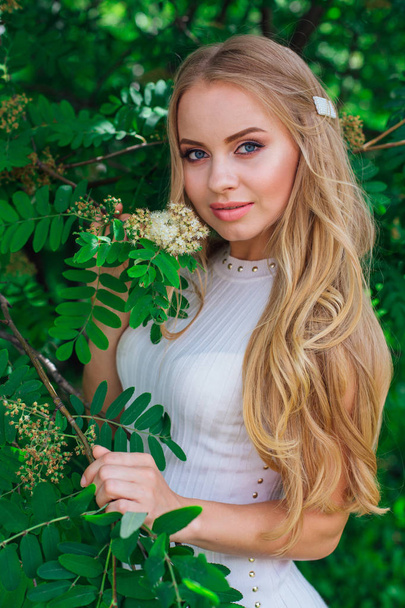 Portrait of a charming blond woman wearing beautiful white dress standing next to rowan tree. - Foto, Bild