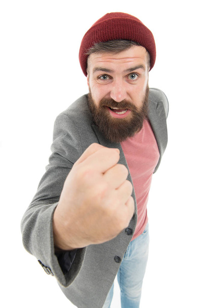 School of good manners. Tips and tricks handsome man. Arrogant rude hipster man. Bearded and handsome. Self improvement concept. Bearded hipster brutal person. What did you say. Bully hipster - 写真・画像