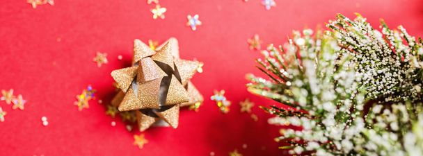 Χριστουγεννιάτικο δέντρο κλαδιά σε κόκκινο φόντο με χρυσό κομφετί. Οριζόντια banner για σχεδίαση ιστού. έννοια του νέου έτους. Ευχετήρια κάρτα, Χριστούγεννα γιορτή 2020. Επίπεδη όψη, κορυφή, αντιγραφή χώρου, μαματό - Φωτογραφία, εικόνα
