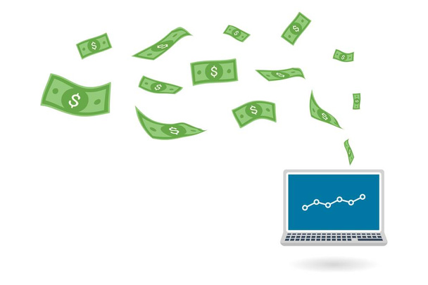 Contas de dólar voando para fora da tela do computador portátil para mostrar o sucesso de ganhar dinheiro online, ilustração vetorial
 - Vetor, Imagem