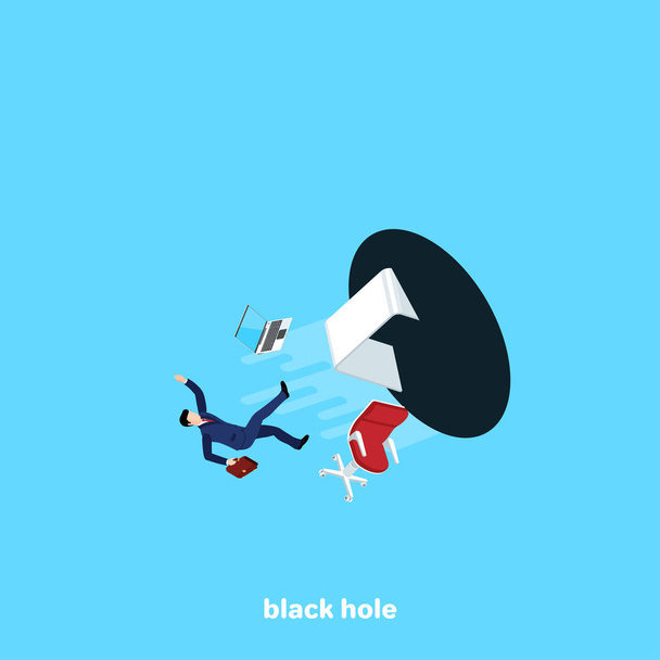 agujero negro aprieta a un hombre en un traje de negocios y muebles de oficina con su lugar de trabajo, una imagen isométrica
 - Vector, Imagen