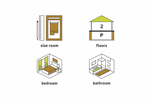 Simgeler inşaat temasına ayarlı. En az sayıda renk ve çizgiiçeren minimalist simgeler. Yatak odası, banyo, zemin, düzen seti olarak - Vektör, Görsel