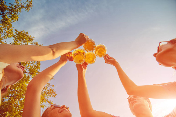 Група молодих людей насолоджується і вітає пиво на відкритому повітрі
. - Фото, зображення