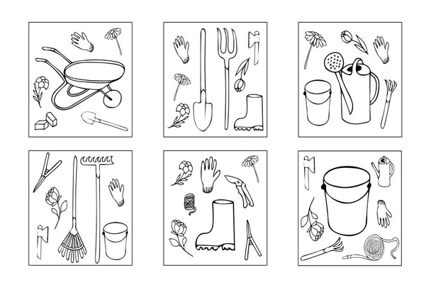Hand drawn coloring book 'garden tools'. Vector illustration. EPS 10 - Вектор,изображение