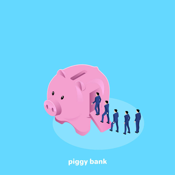 men in business suits go into a piggy bank, an isomeric image - Vektör, Görsel