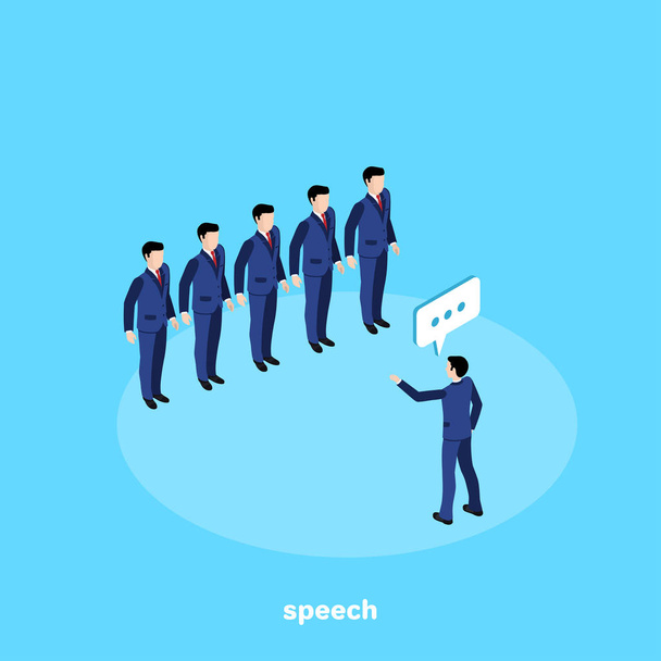 a man in a business suit speaks in front of his subordinates, an isometric image - Vector, Image