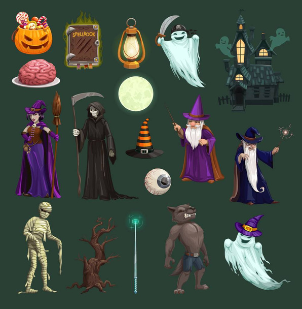 Calabaza de Halloween, bruja, fantasma, caramelo y cráneo
 - Vector, Imagen