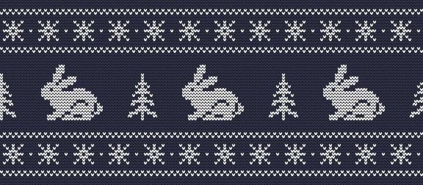 Knitted pattern with hares and christmas trees on a dark blue background. Christmas background. Ornament. Seamless border. Vector illustration - Vector, Image