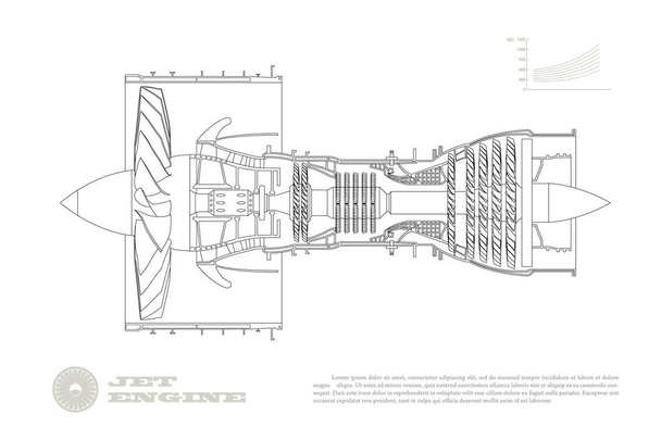 Κινητήρας Jet του αεροπλάνου σε στυλ διάρθρωσης. Βιομηχανικό σχέδιο αερεράσης. Σχέδιο μηχανοκίνητου αεροπλάνου. Μέρος του αεροσκάφους. Απομονωμένη εικόνα. Πλευρική όψη - Διάνυσμα, εικόνα