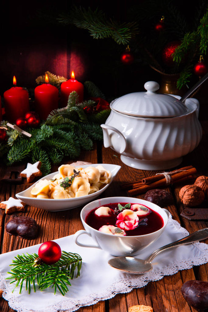 traditional Polish Christmas Eve borscht with dumplings - Fotoğraf, Görsel
