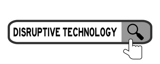 Icono de mano sobre lupa para encontrar tecnología disruptiva de palabras en banner de búsqueda sobre fondo blanco
 - Vector, Imagen