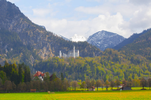 Dünyaca ünlü Neuschwanstein Kalesi 'nin güzel manzarası, 19. yüzyıl Romanesk Diriliş Sarayı Kral II. Ludwig için Almanya' nın güneybatı Bavyera, Fussen yakınlarındaki engebeli bir uçuruma inşa edildi. - Fotoğraf, Görsel