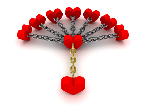 sieben Herzen, die mit einem Herzen verbunden sind. Abhängigkeit von früheren Beziehungen. Konzept 3D Illustration. - Foto, Bild
