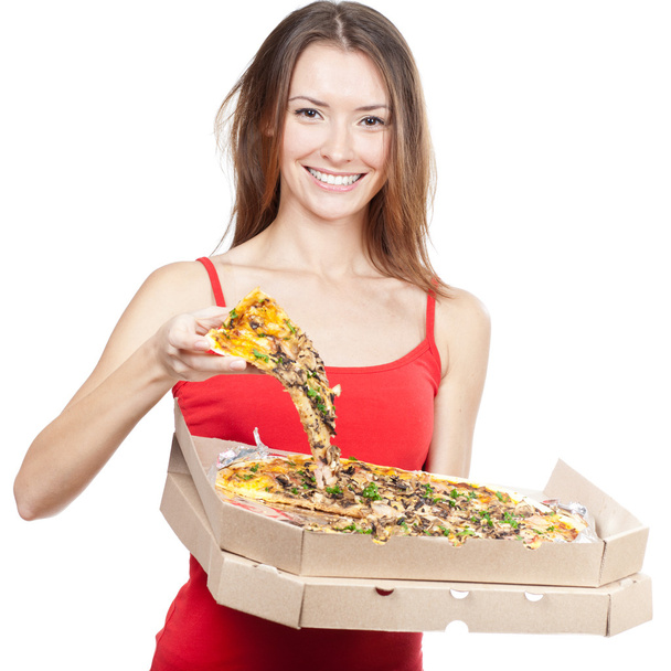Beautiful brunette woman holding piece of pizza - Φωτογραφία, εικόνα