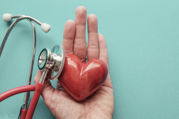 Red heart on hand with stethoscope, heart health,  health insura - 写真・画像