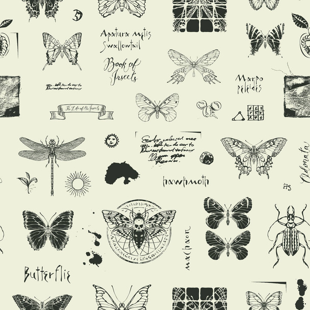 abstract seamless background with insects and scribbles - Вектор, зображення