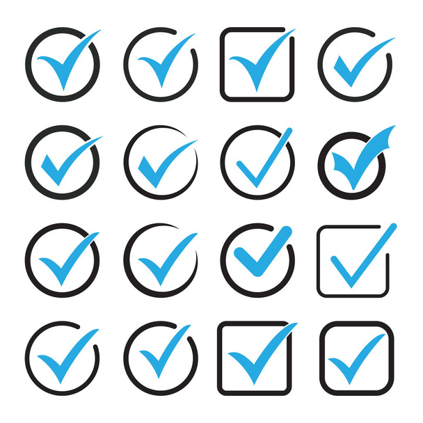 Modrý symbol ikony značek, zaškrtávací značka izolovaná na bílém pozadí, ikona se zaškrtnut nebo správný znak volby, zaškrtnutí nebo zaškrtávací políčko - Vektor, obrázek