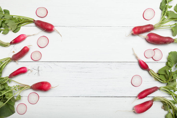 Radishes agriculture background, fresh vegetable. Copy space for text. - Photo, Image