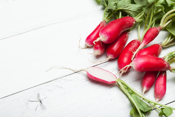 Radish bunch, bundle. Diet cooking spring food. Copy space for text. - Photo, image