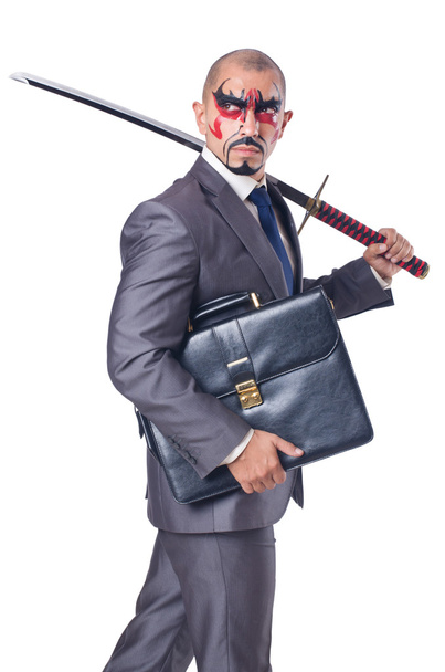 Geschäftsmann mit Schwert auf weißem Hintergrund - Foto, Bild