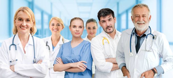 Healthcare people group. Professional doctor working in hospital office or clinic with other doctors, nurse and surgeon. Medical technology research institute and doctor staff service concept. - Photo, image