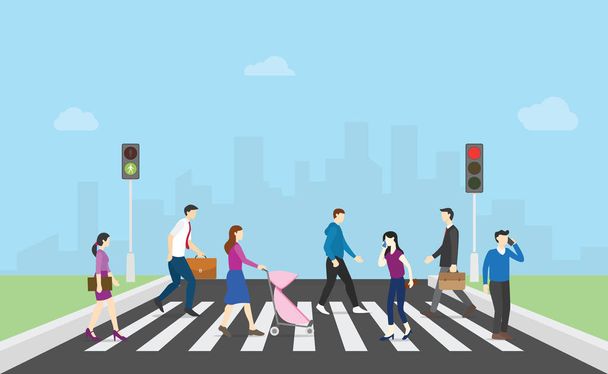 jalankulkijoiden kävellä poikkikadun joukkue ihmisiä ja liikennevalo ja kaupungin tausta moderni tasainen tyyli - vektori
 - Vektori, kuva