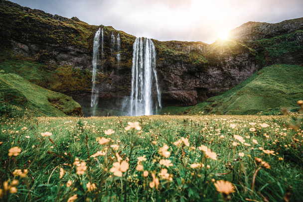 アイスランドの魔法のSeljalandsfoss滝. - 写真・画像