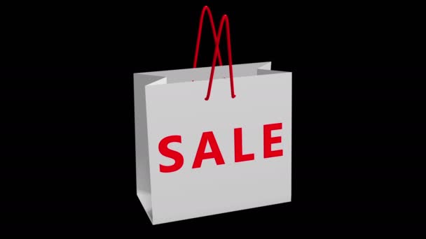 Rotierendes Verkaufskonzept auf weißer Einkaufstasche auf schwarzem Hintergrund - Filmmaterial, Video