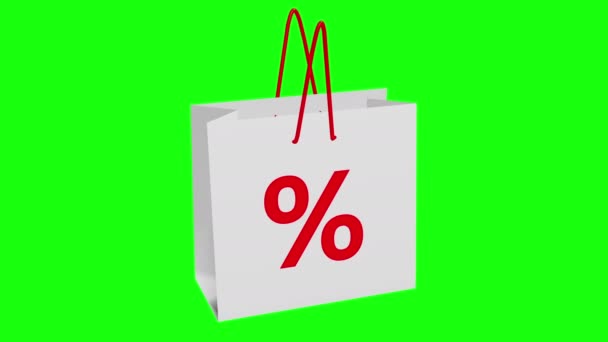 Concepto de porcentaje rotatorio en bolsa de compras blanca en pantalla verde
 - Imágenes, Vídeo