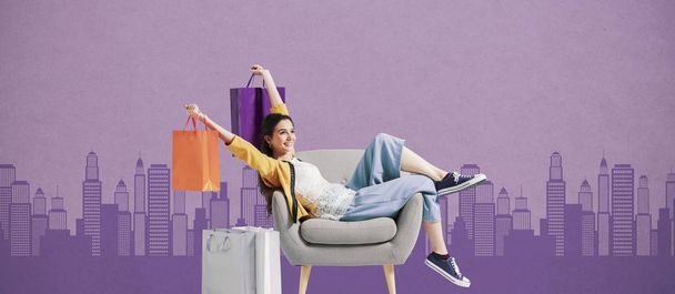 Cheerful shopaholic woman with shopping bags - Фото, зображення