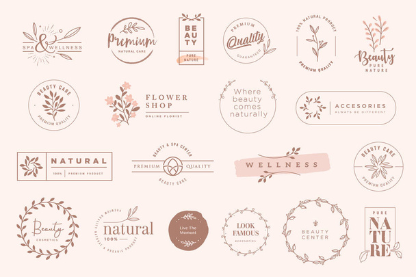 Set of vintage labels and badges for beauty, natural and organic products, cosmetics, spa and wellness, fashion. Vector illustrations for graphic and web design, marketing material, product promotions, packaging design. - Vector, Image