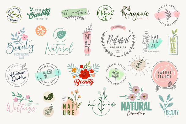 Set of badges and elements for beauty, natural and organic products, cosmetics, spa and wellness. Vector illustrations for graphic and web design, marketing material, product promotions, packaging design. - Vector, Image