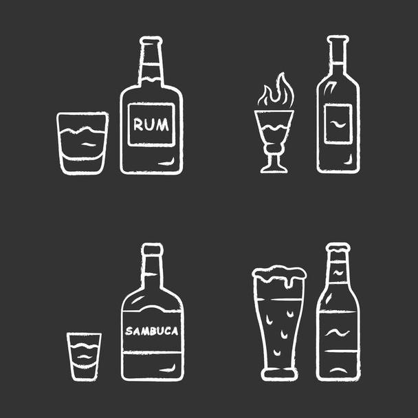 Drinks chalk icons set. Rum, absinthe, sambuca, beer. Bottles and beverages in glasses. Refreshment alcoholic liquid for party and celebration. Isolated vector chalkboard illustrations - Vektori, kuva
