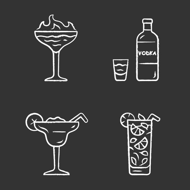 Drinks chalk icons set. Flaming shot, margarita, mojito, vodka. Glasses with beverages, bottle. Alcoholic mixes and soft drink for party, celebration. Isolated vector chalkboard illustrations - Vektor, Bild