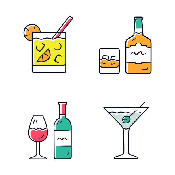 Drinks color icons set. Cocktail in lowball glass, whiskey, wine, martini. Alcoholic beverages for party. Refreshment drinks and mixes. Isolated vector illustrations - Вектор, зображення