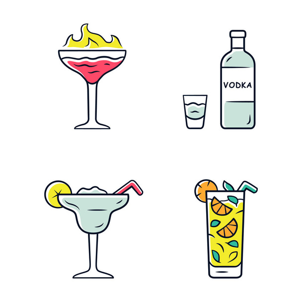 Drinks color icons set. Flaming shot, margarita, mojito, vodka. Glasses with beverages, bottle. Alcoholic mixes and soft drink for party, celebration. Isolated vector illustrations - Вектор, зображення