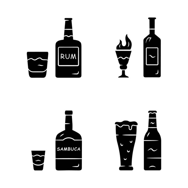 Drinks glyph icons set. Rum, absinthe, sambuca, beer. Bottles and beverages in glasses. Refreshment alcoholic liquid for party and celebration. Silhouette symbols. Vector isolated illustration - Вектор,изображение